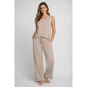 Sampeel Women's 2 Piece Lounge Set Beige Sleeveless Tank Top Wide Leg Pants Sz M
